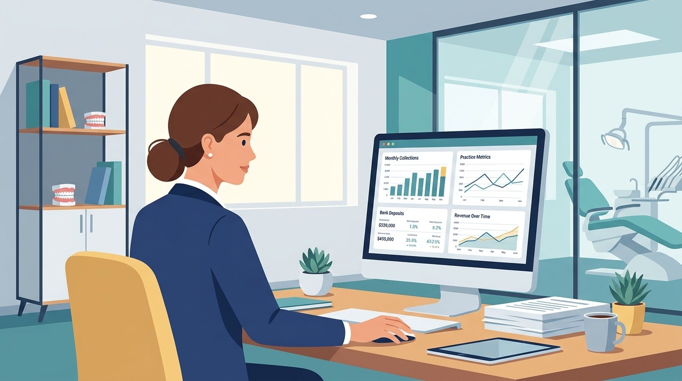Dentist reviewing practice acquisition financials and bank deposit records