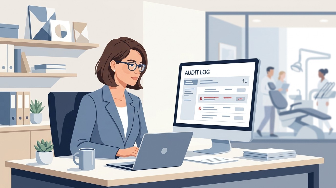 Dental practice owner reviewing an audit log of changes to the practice management system