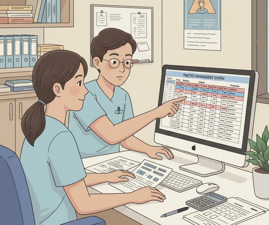 Dental billing staff reviewing data entry on computer screen