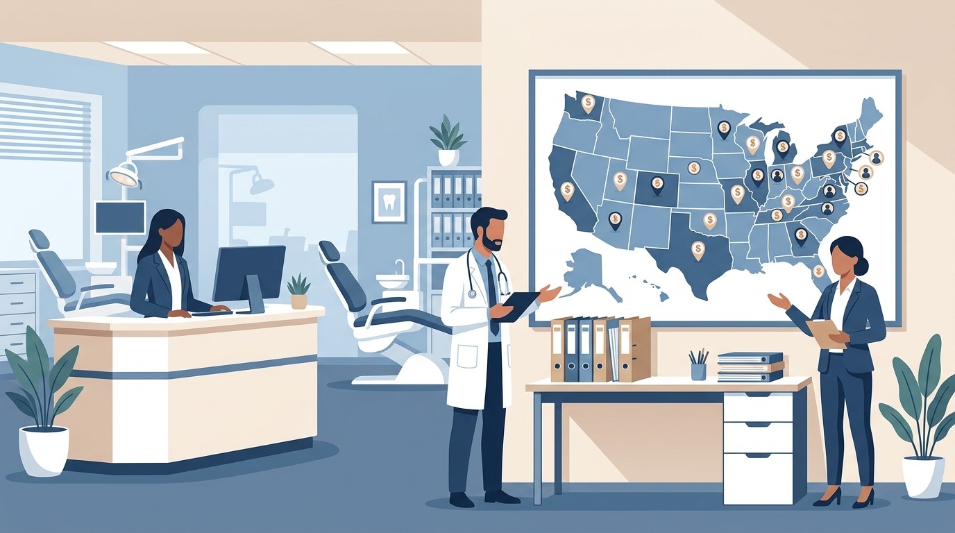 Map and case files representing dental embezzlement cases across the country in 2026
