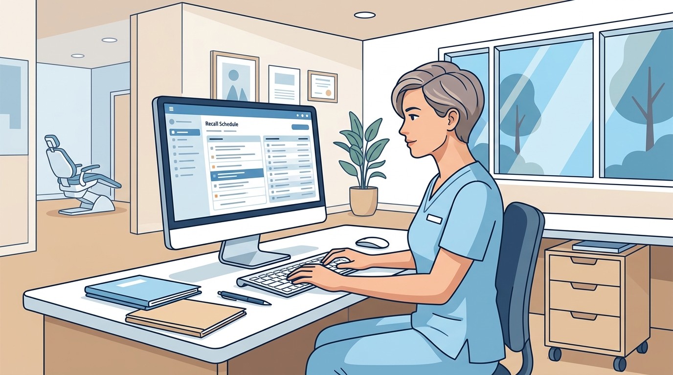Dental hygienist reviewing recall appointment schedule