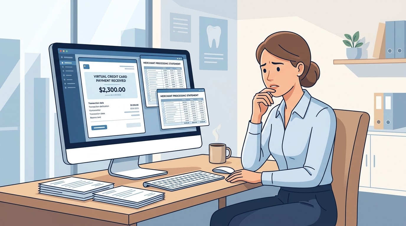 Dental practice reviewing virtual credit card payment statements and processing fees
