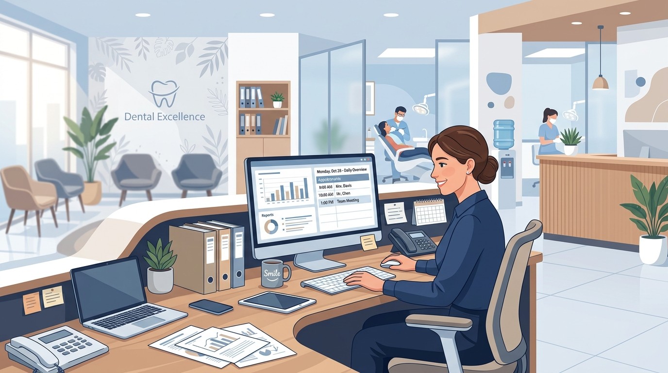 Dental office manager reviewing daily reports at the front desk