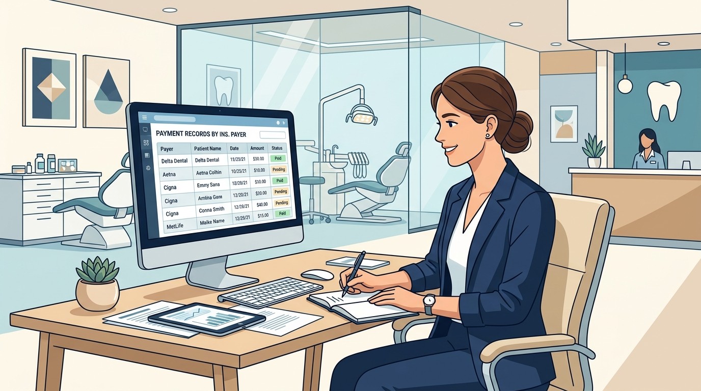 Dental office manager reviewing payment records organized by insurance payer