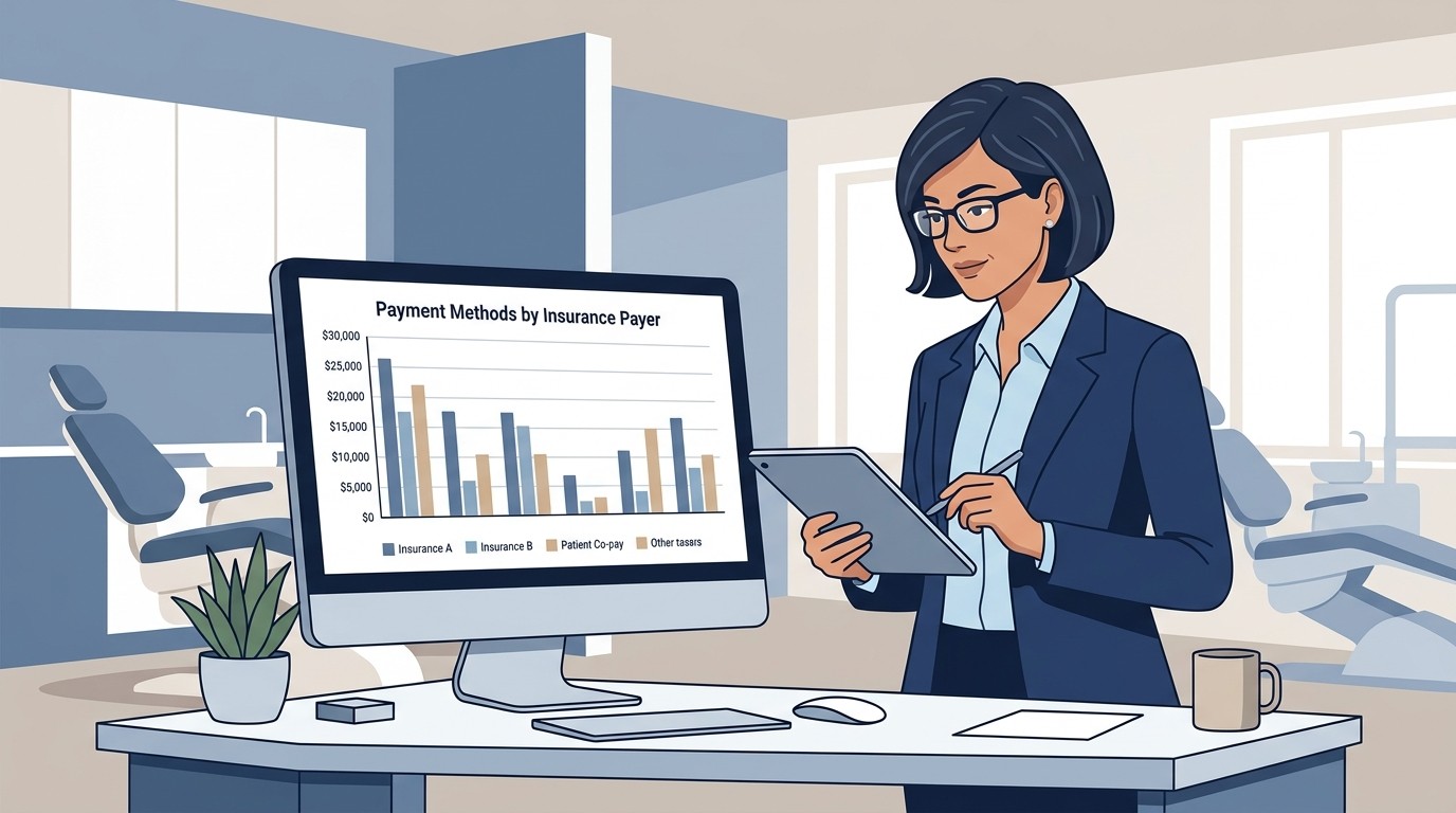 Dental practice owner reviewing payer payment method data on a monitor