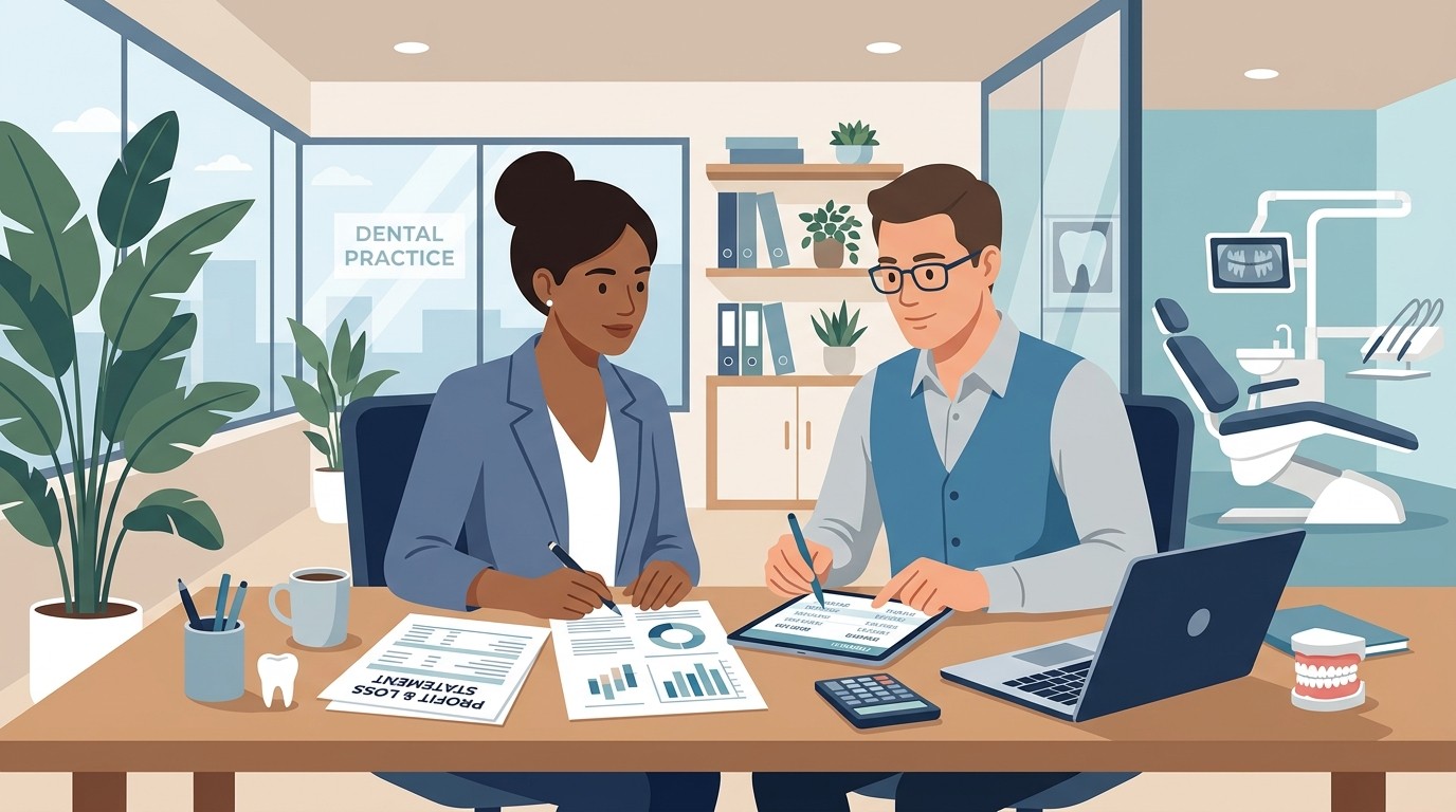 Dental practice owner and accountant reviewing financial statements together