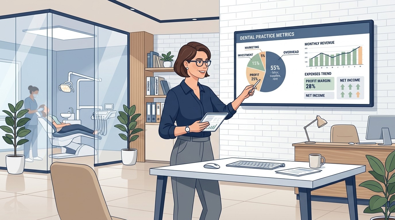 Dental practice owner analyzing overhead breakdown and profitability metrics