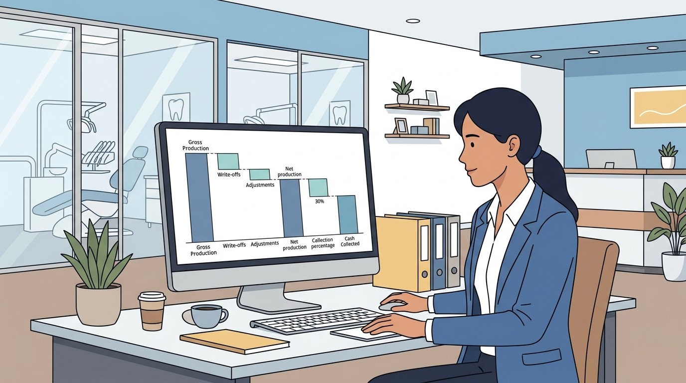 Finance leader reviewing a revenue to cash waterfall chart for a dental group