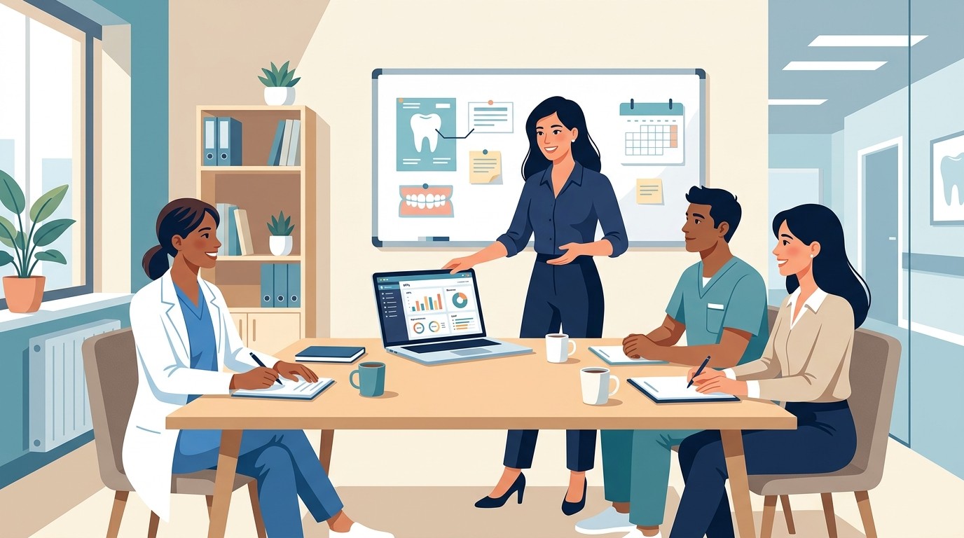 Dental practice team meeting discussing new software