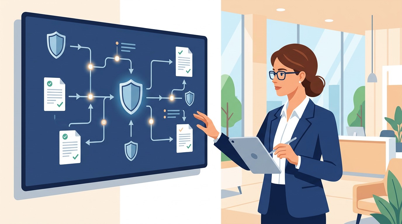 Compliance officer reviewing HIPAA data flow documentation