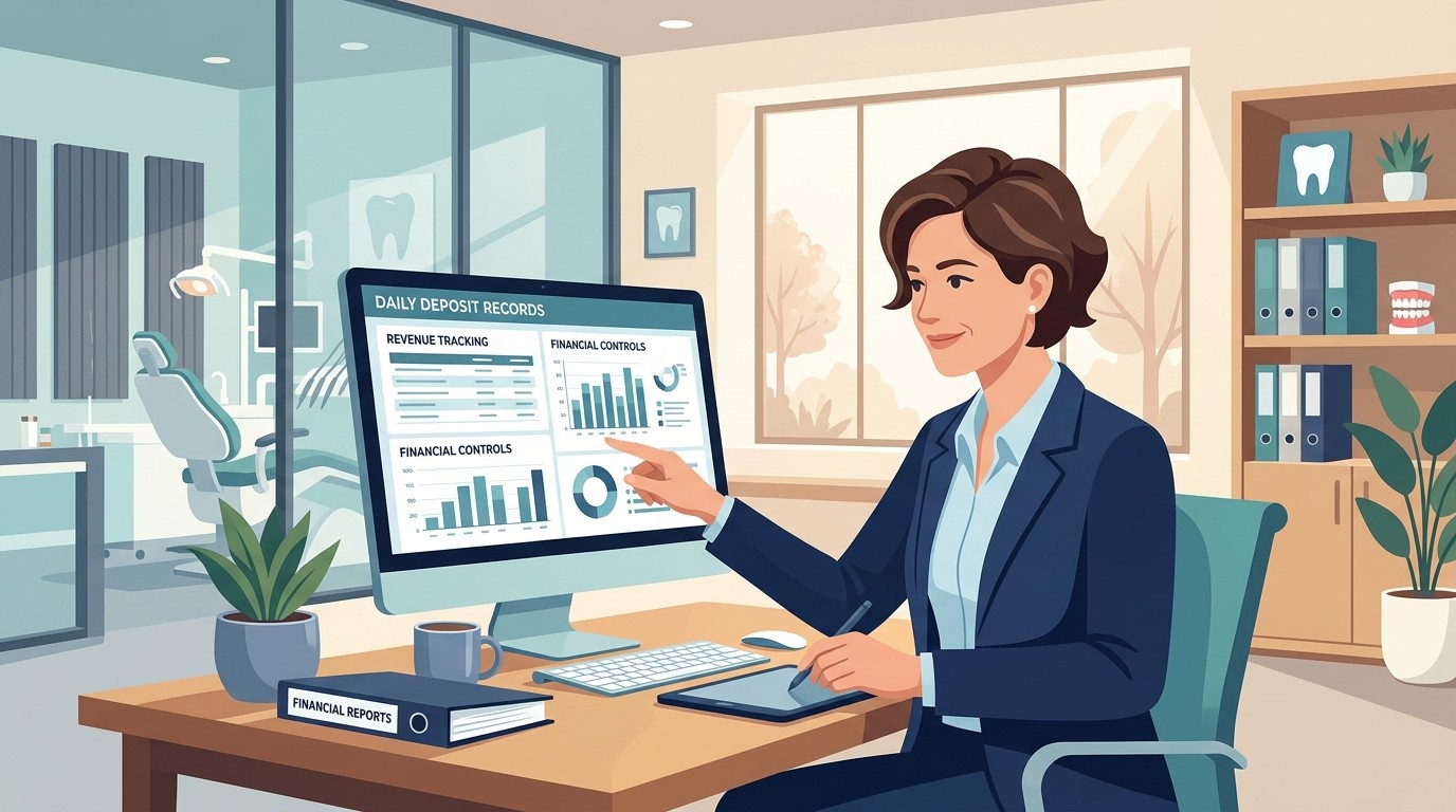 Dental practice owner reviewing financial controls and daily deposit records