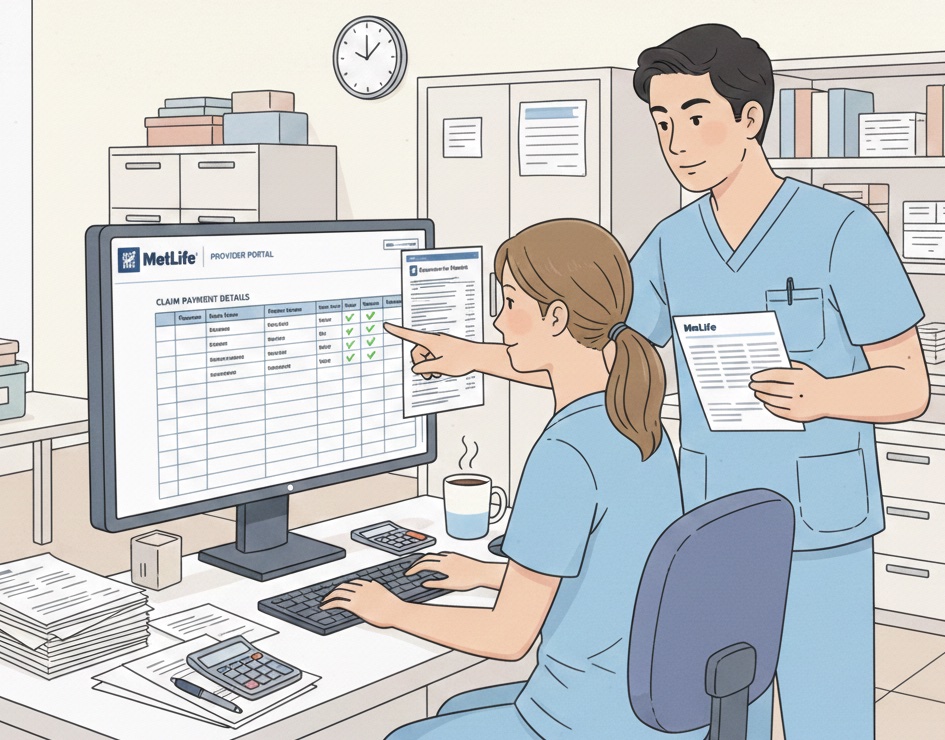 Dental office staff reconciling MetLife insurance payment