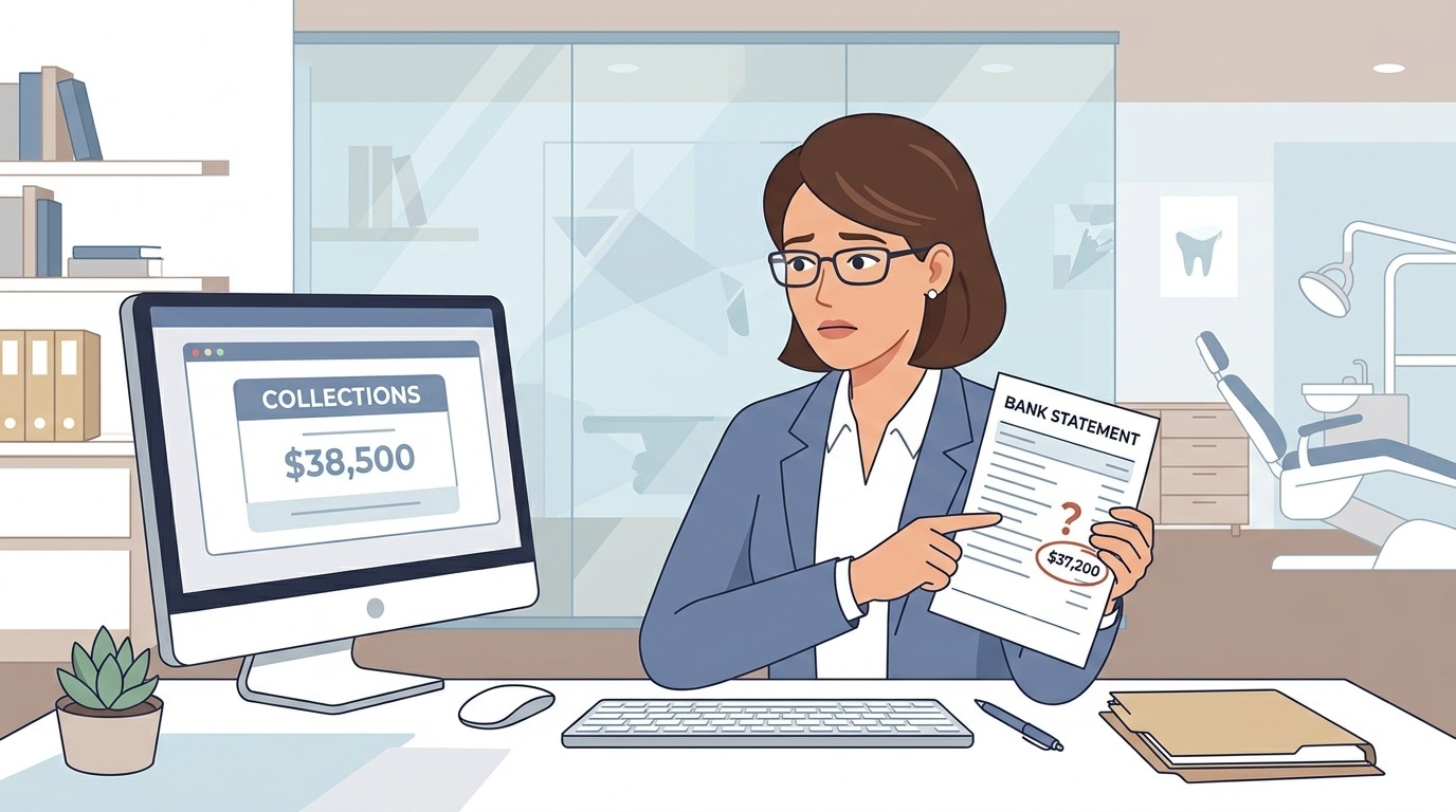 Dental practice owner comparing software collections against bank deposits
