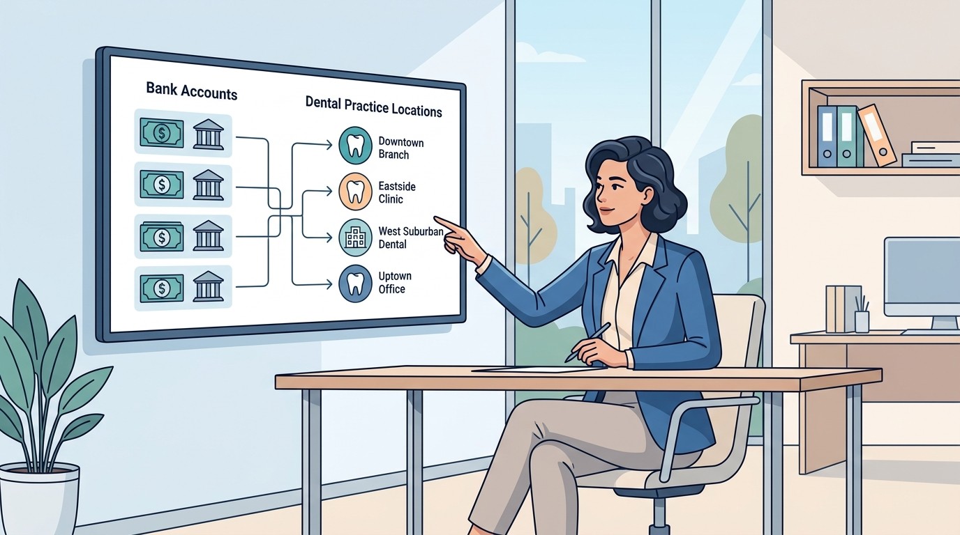 DSO finance leader mapping deposits from multiple bank accounts to multiple dental locations