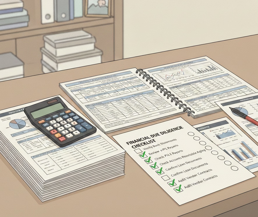 Financial due diligence documents and calculator on desk