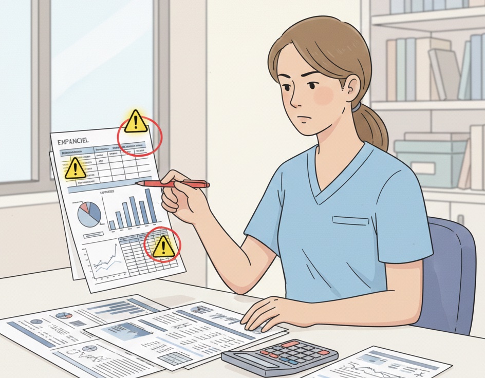 Bookkeeper identifying warning signs in dental practice financial reports