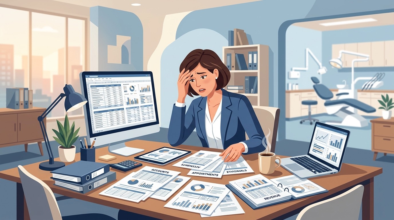 Frustrated office manager dealing with complex spreadsheet