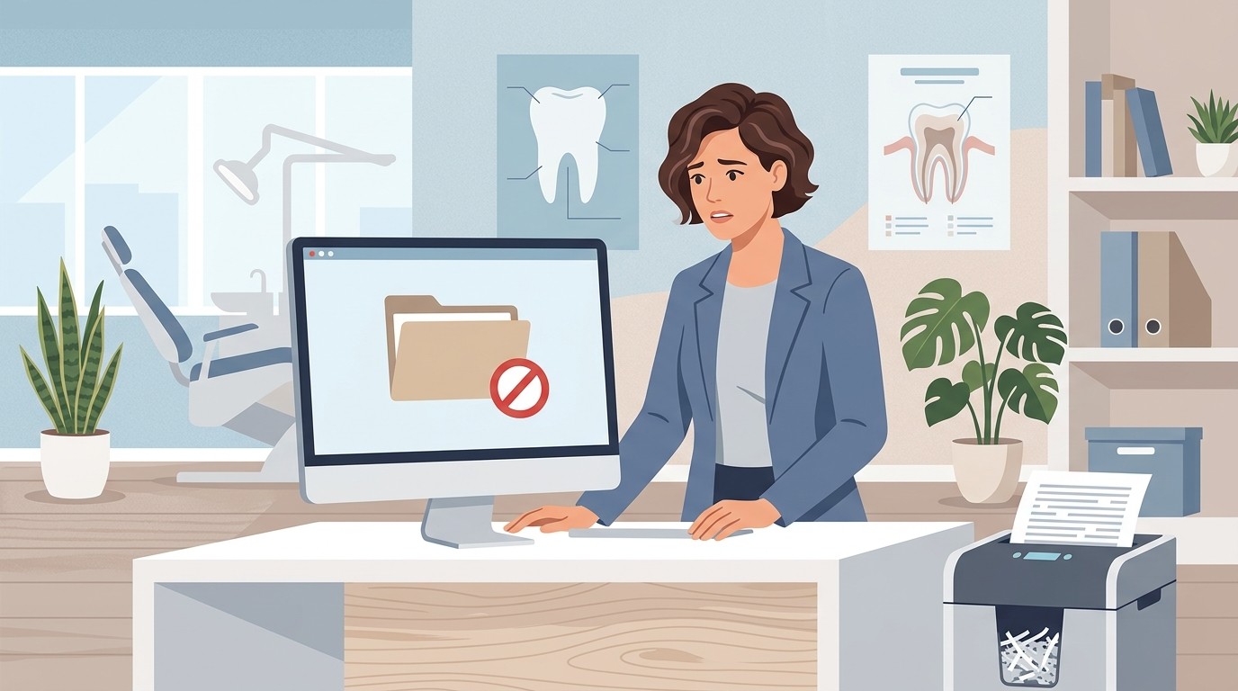 Dental practice owner discovering deleted files and shredded documents at the front desk