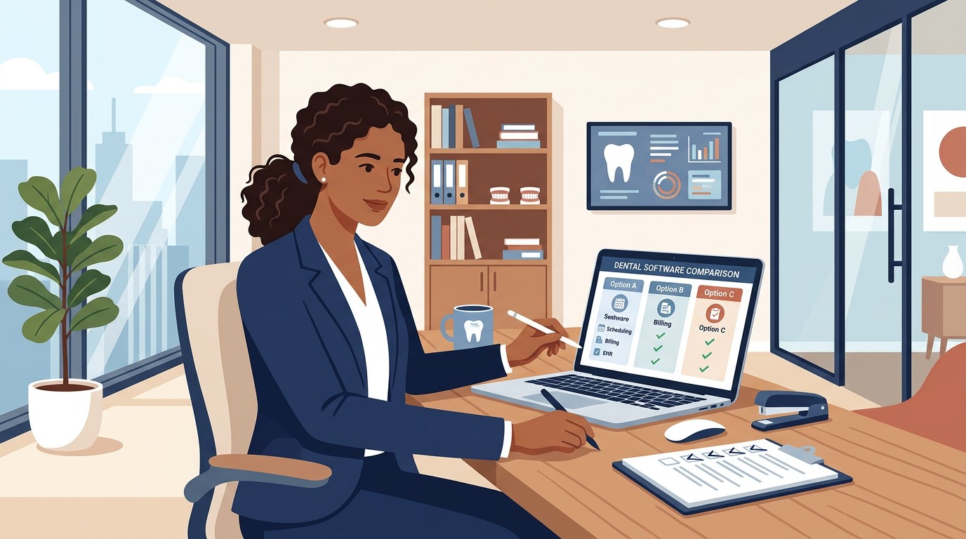 Practice owner evaluating software options on laptop