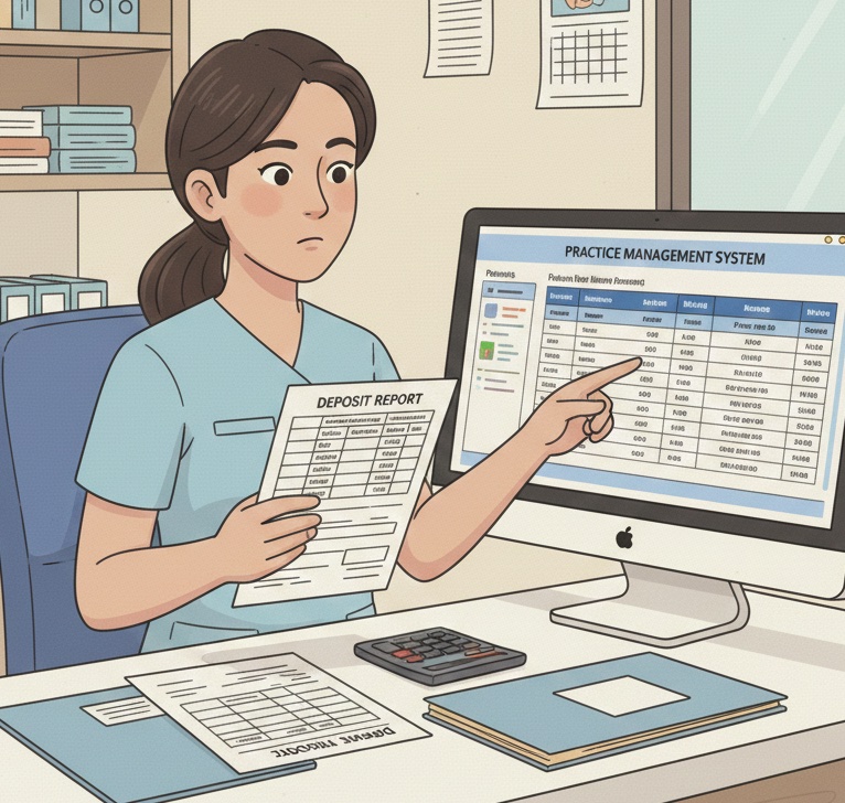 Dental office manager comparing deposit report to practice management system